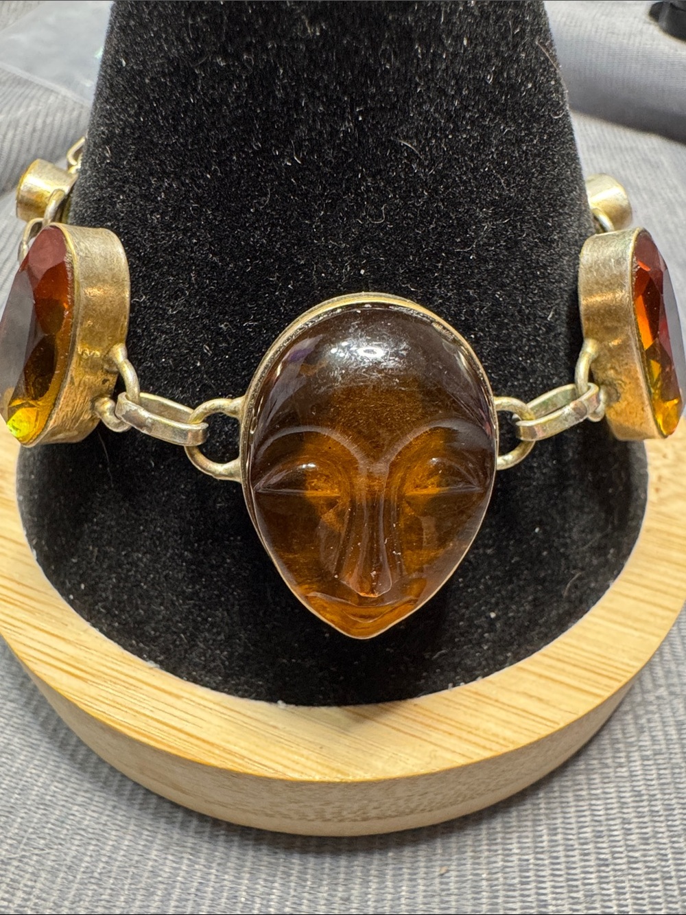 Vintage Source Unknown Amber-Faced Statement Bracelet with Faceted Side Stones